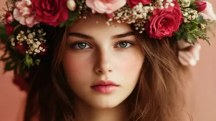 A serene woman gazes directly at the viewer, adorned with a vibrant flower crown of roses and greenery, creating a captivating focal point in this 4K Ultra HD desktop wallpaper.