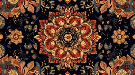 A vibrant boho pattern featuring intricate floral designs in warm tones on a dark background, designed as a 4K Ultra HD PC desktop wallpaper and background.