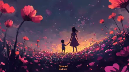 Two figures stand in a vibrant flower garden, holding hands as they gaze at a glowing sunset. Text reads Spread kindness, creating a warm and inviting atmosphere.