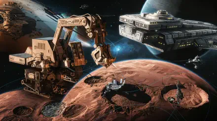 A stunning 4K Ultra HD wallpaper depicting a futuristic space mining scene, featuring a robotic arm extracting resources on a planetary surface with a spaceship in the background.