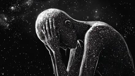 A sorrowful, artistic depiction of a human figure crying, adorned with a cosmic pattern, set against a dark, star-filled background. Perfect for a 4K Ultra HD desktop wallpaper.