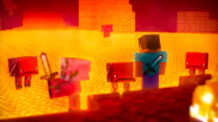 Minecraft Nether scene in 4K Ultra HD featuring Steve alongside Striders standing near flowing lava in a fiery, blocky landscape.