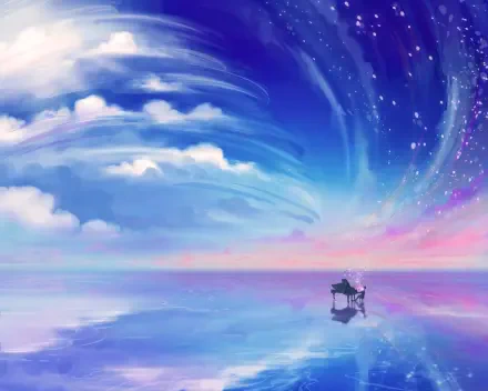 A serene 4K Ultra HD wallpaper featuring a piano set against a stunning sky with swirling clouds and vibrant colors, inspired by the anime Your Lie in April.