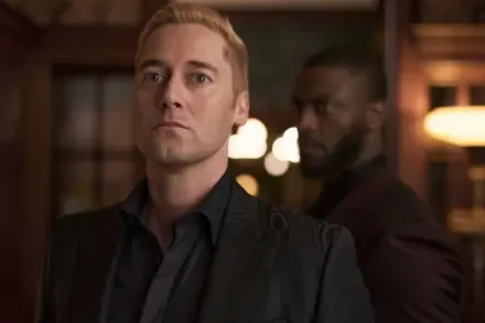 A dynamic scene from the TV show Cross (2024) featuring Aldis Hodge and Ryan Eggold, showcasing intense expressions in a dramatic setting. Perfect as a HD desktop wallpaper.