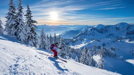 A skier descends a snowy slope surrounded by tall evergreen trees, with a breathtaking mountain landscape and sunlit sky in the background, captured in stunning 4K Ultra HD.