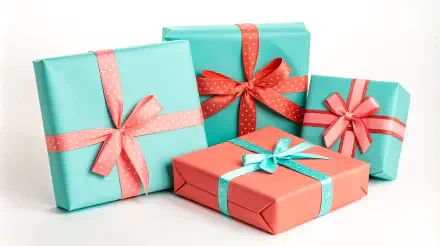A collection of beautifully wrapped presents in vibrant teal and coral colors, featuring decorative ribbons, set against a clean background. This 4K Ultra HD wallpaper adds festive charm.