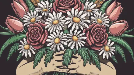 A vibrant bouquet featuring roses, daisies, and tulips, complemented by lush greenery, designed as a 4K Ultra HD desktop wallpaper with an aesthetic floral theme.