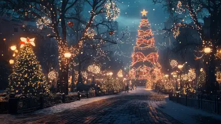 Aesthetic Christmas scene featuring a beautifully lit tree and festive decorations lining a snow-covered street, captured in vibrant 4K Ultra HD for a stunning desktop wallpaper.