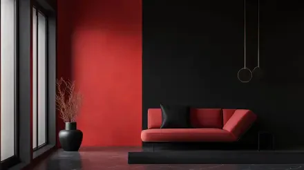 A striking 4K Ultra HD wallpaper featuring a modern interior design with a red accent wall and black elements, showcasing a red sofa and minimalist decor.