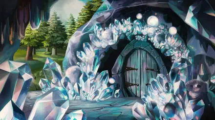 4K Ultra HD wallpaper of a mystical crystal cave entrance surrounded by glowing crystals and a forest backdrop with a wooden door set into the rocky cave wall.