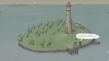 A whimsical HD PC desktop wallpaper featuring an island with a lighthouse, surrounded by tranquil water, showcasing characters engaged in conversation about their surroundings.