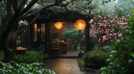 A tranquil tea house nestled in a lush garden, adorned with blooming flowers and glowing lanterns, captured in stunning 4K Ultra HD for a serene desktop wallpaper.