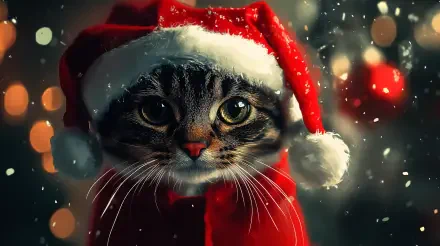 A festive cat wearing a Santa hat, set against a backdrop of holiday lights and snow, captured in vibrant 4K Ultra HD resolution for a delightful Christmas wallpaper.