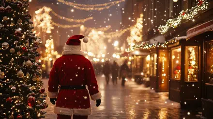 Aesthetic Christmas scene featuring a man in a Santa suit standing in a beautifully decorated street, illuminated by festive lights and gently falling snow, and captured in 4K Ultra HD.