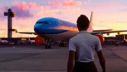 A pilot gazes towards a colorful sunset with an airliner in the foreground in this stunning 4K Ultra HD background for Microsoft Flight Simulator 2024.