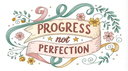 A colorful illustration featuring the phrase Progress Not Perfection on a decorative banner, surrounded by flowers and swirls, designed as a 4K Ultra HD desktop wallpaper.