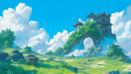 A vibrant anime landscape featuring a majestic building atop a green arch, set against a clear blue sky and fluffy clouds, inspired by the enchanting style of Studio Ghibli.