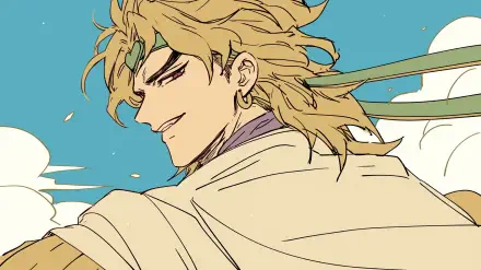 Anime-inspired HD wallpaper featuring Dio Brando from Jojo's Bizarre Adventure, showcasing his iconic hairstyle and confident expression against a blue sky.