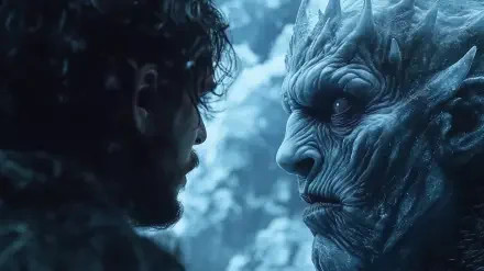 A high-definition desktop wallpaper featuring a tense face-off between Jon Snow and the Night King from the TV show Game of Thrones, set against a snowy backdrop.