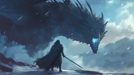 A dramatic scene from Game of Thrones, featuring a lone figure facing a massive, blue anime-style dragon against a snowy backdrop, perfect for a high-definition desktop wallpaper.