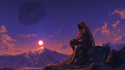 A serene landscape from a video game, featuring an assassin silhouetted against a vibrant sunset and distant mountains, capturing the essence of adventure in Dark Souls.