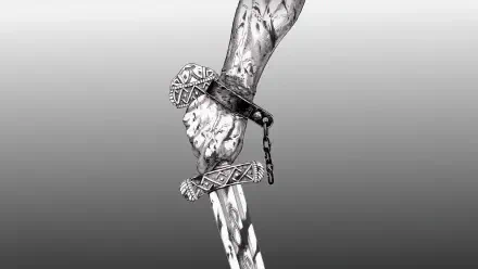 A striking 4K Ultra HD wallpaper featuring a detailed, arm-bound warrior grasping a sword, inspired by the anime and manga Vinland Saga.