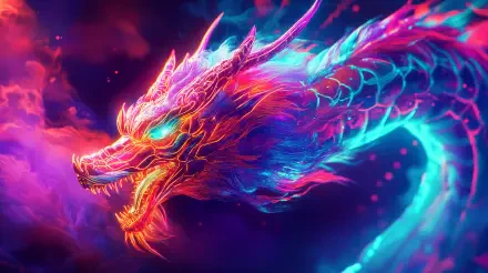 A vibrant neon dragon with intricate details glows against a mystical backdrop, creating a stunning 4K Ultra HD wallpaper for your PC desktop.
