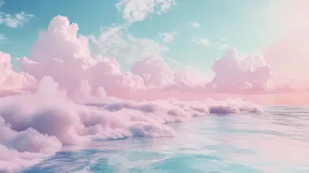 A serene pastel aesthetic image featuring fluffy clouds floating above a tranquil sea, captured in stunning 4K Ultra HD for a captivating desktop wallpaper.