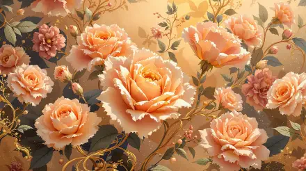 A beautifully detailed 4K Ultra HD wallpaper featuring soft, peach roses surrounded by delicate foliage and subtle floral accents, creating an elegant and serene background.