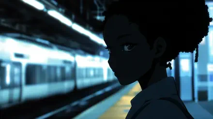 A striking 4K Ultra HD wallpaper featuring a black anime girl, silhouetted against a dimly lit train station platform, capturing a moment of intrigue and contemplation.