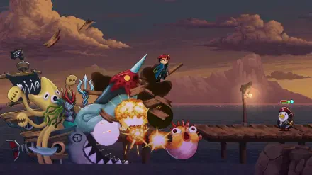 A vibrant HD wallpaper from the video game Spirit Mancer, showcasing a dynamic scene with colorful characters and creatures set against a dramatic sunset backdrop.