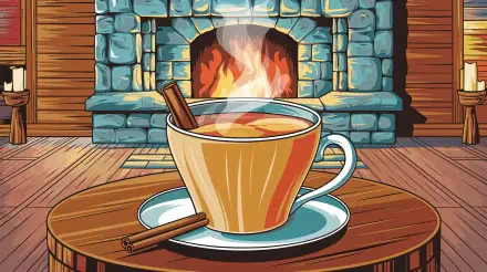 A cozy cup of apple cider sits on a wooden table by a stone fireplace, creating a warm atmosphere in this vibrant 4K Ultra HD wallpaper.