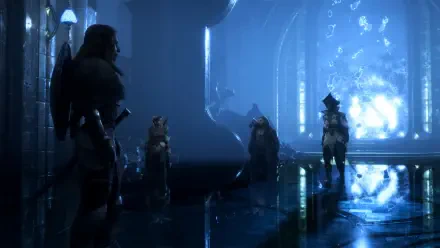 HD PC wallpaper featuring a dark, mysterious scene from the video game Dragon Age: The Veilguard with four characters in a glowing, blue-lit chamber.