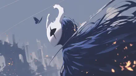 A striking HD wallpaper featuring a character from the video game Hollow Knight, with a mysterious mask and flowing hair, set against a backdrop of a desolate landscape.