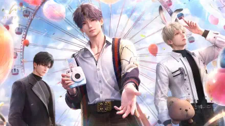 A vibrant HD wallpaper featuring characters Xavier, Rafayel, and Zayne from the video game Love and Deepspace, set against a festive backdrop with balloons and a ferris wheel.