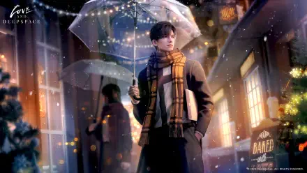 A man in a stylish scarf holds an umbrella on a vibrant street, surrounded by warm lights and a mysterious atmosphere, from the video game Love and Deepspace. 4K Ultra HD wallpaper.