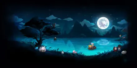 A serene HD wallpaper from Guardian Tales, featuring a tranquil night scene with a vibrant moon over a calm lake, surrounded by mountains and whimsical characters.