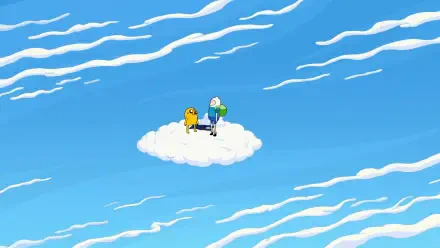 Finn and Jake from Adventure Time stand on a fluffy cloud against a vibrant blue sky. This 4K Ultra HD image captures their adventurous spirit and whimsical charm.
