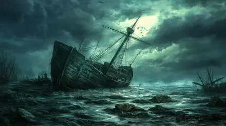 A dramatic shipwreck scene featuring an abandoned ship stranded on rocky waters under a stormy sky, rendered in stunning 4K Ultra HD for a captivating desktop wallpaper.