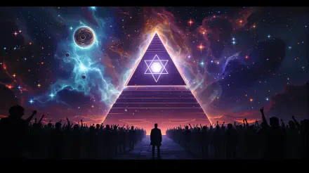 A striking 4K Ultra HD wallpaper featuring a vibrant cosmic scene with a large triangular structure and a crowd below, invoking themes associated with the Illuminati.