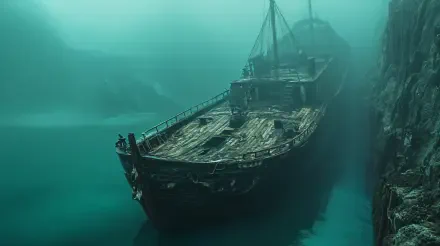 A haunting shipwreck submerged in deep turquoise waters, showcasing the decay of a once-mighty vessel, serves as a striking 4K Ultra HD desktop wallpaper and background.