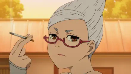 HD PC desktop wallpaper featuring Seiko Ayase from the anime Dandadan, showcasing her with glasses and a cigarette against a warm, softly lit background.