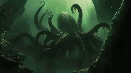 A dark Lovecraftian horror scene featuring a colossal creature emerging from shadowy depths, rendered in stunning 4K Ultra HD, creating an eerie and immersive atmosphere.