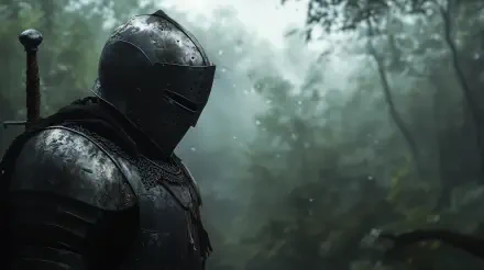 A medieval knight stands solemnly in the misty forest, clad in armor, evoking a sense of mystery and adventure. This striking image serves as a captivating 4K Ultra HD desktop wallpaper.