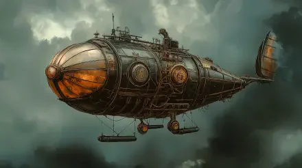 A stunning steampunk airship glides through dramatic clouds, featuring intricate details and a vintage design, showcased in this captivating 4K Ultra HD PC desktop wallpaper.