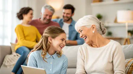 A warm family gathering captured in 4K Ultra HD, featuring a joyful conversation between a grandmother and her granddaughter, surrounded by smiling relatives.
