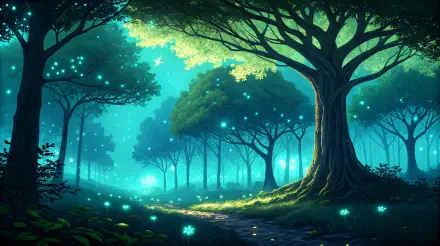 A captivating bioluminescent forest features glowing plants and trees, creating a magical atmosphere in this vibrant 4K Ultra HD desktop wallpaper.