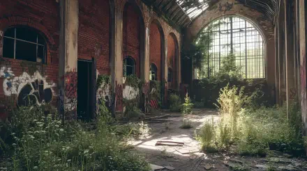 An abandoned building with overgrown vegetation and graffiti, featuring large windows allowing natural light, captured in 4K Ultra HD for a striking desktop wallpaper.