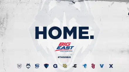 A dynamic HD wallpaper featuring UConn Athletics, highlighting HOME. in bold text, showcasing the Big East Conference logo and affiliated teams below. #THISISBIG