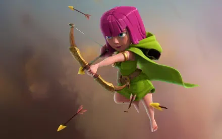 A vibrant HD wallpaper featuring an archer from Clash of Clans by Supercell, showcasing a dynamic pose with arrows flying through the air against a blurred background.
